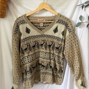 Woolrich Taupe and Black V-Neck Fair Isle Sweater